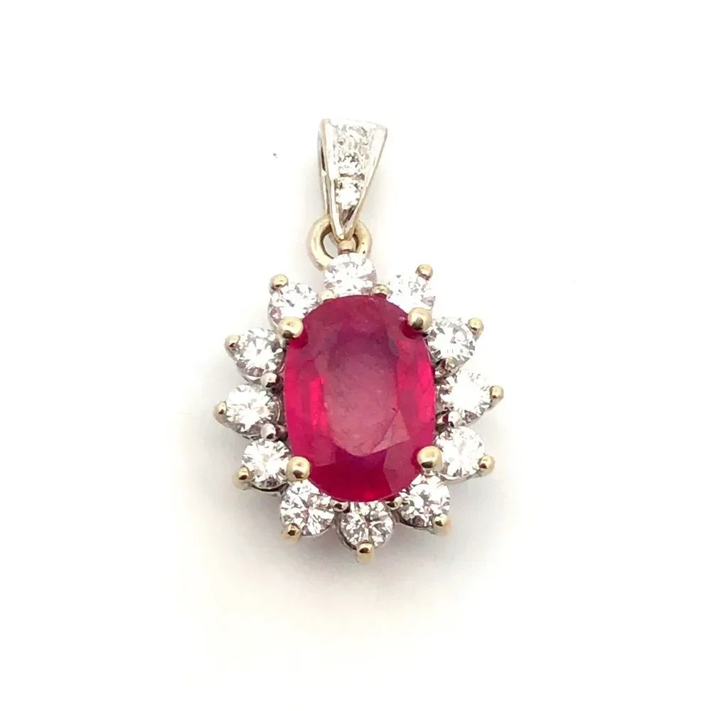 Estate 14K White Gold Oval Ruby Diamond Halo Pendant - Picture 6 of 11